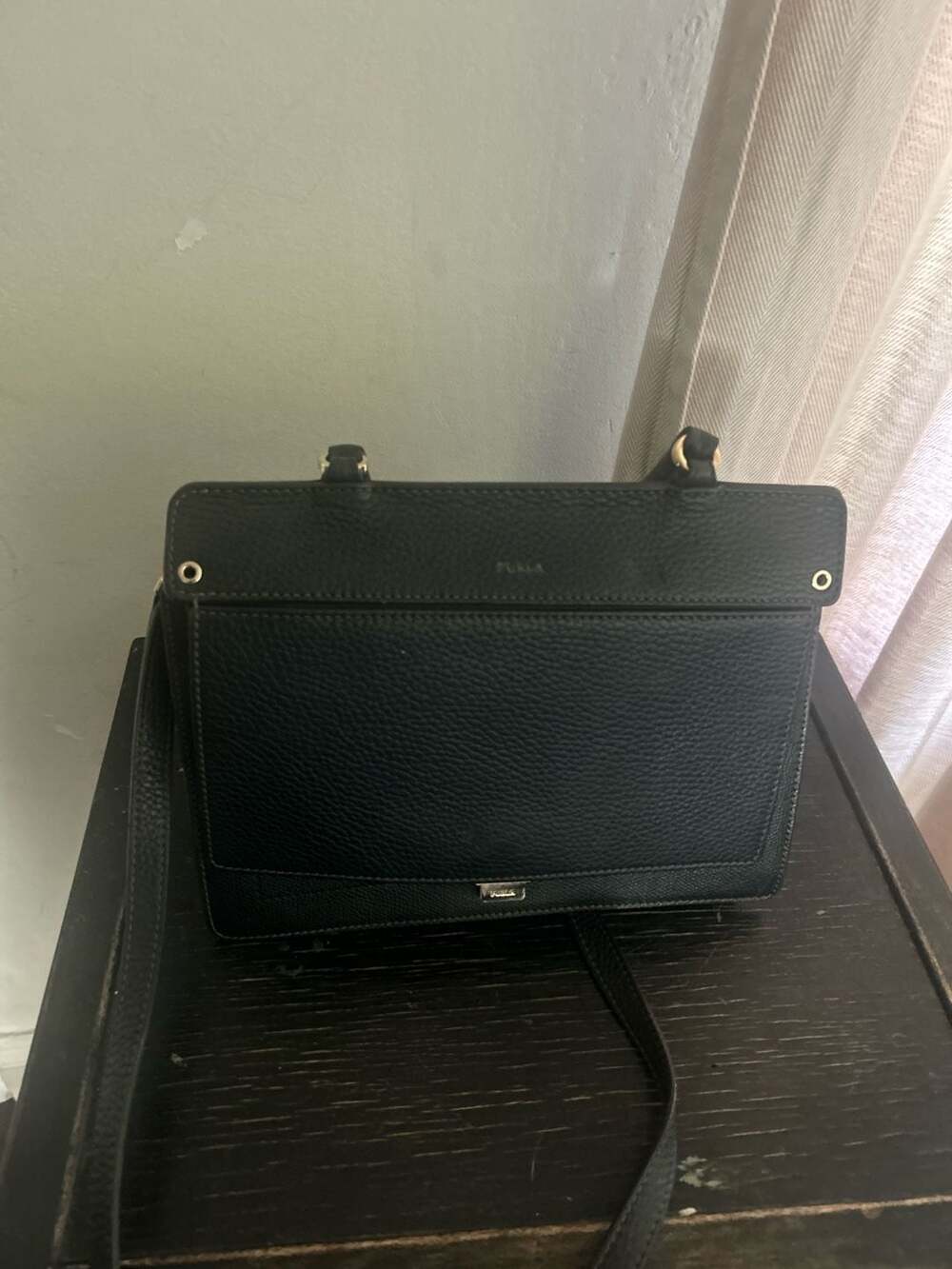 Furla Like M Top Handle Black Onyx Grained Leather Messenger Crossbody Bag